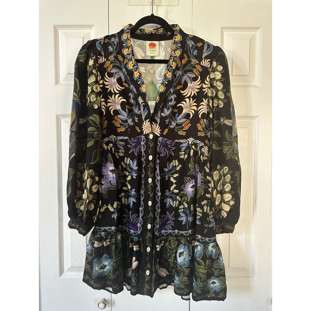 Farm Rio Sz L Black Winter Garden Mini Dress NWT Quiet Luxury - Picture 2 of 7